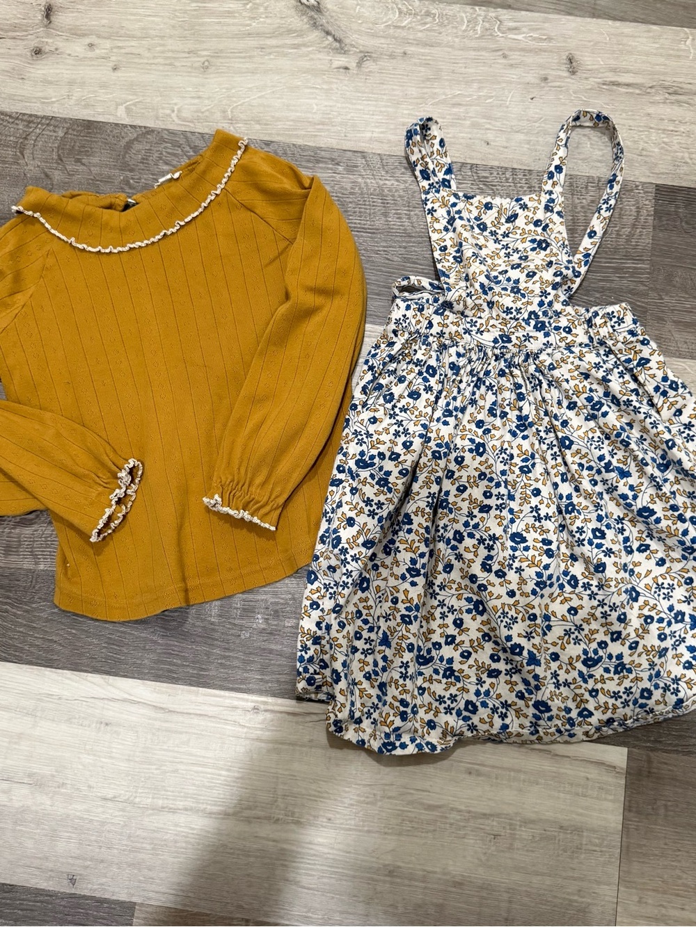 LALI Girls Mustard Knit Top & Blue Floral Pinafore Dress Set